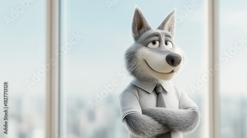 Smiling anthropomorphic wolf character in business attire with arms crossed