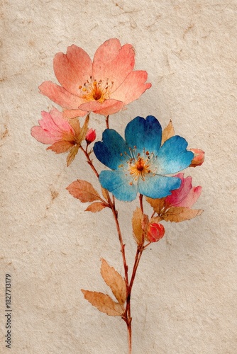 Pink and Blue Watercolor Flowers on Vintage Textured Paper – Botanical Illustration with Delicate Hand-Painted Blossoms and Natural Artistic Floral Design