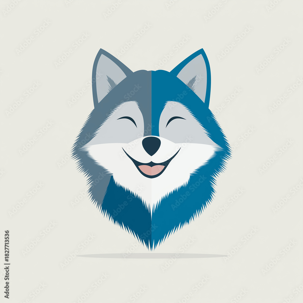 Fototapeta premium Joyful blue wolf face illustration with closed eyes and wide smile