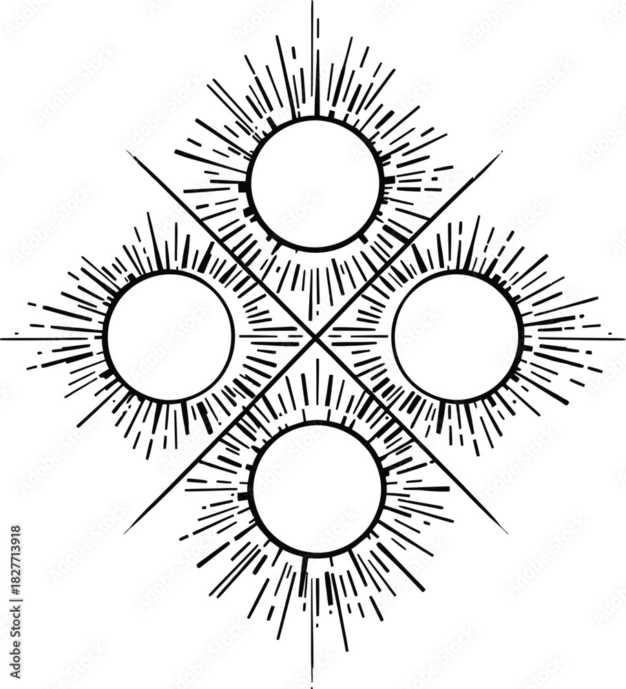 Fototapeta premium Geometric burst icon in black line style featuring symmetrical circles with radiating rays in diamond layout