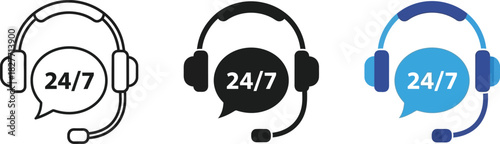 Headset Icon Set with 24/7 Text in Outline, Solid, and Color Flat Styles