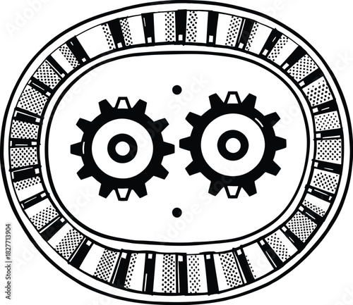 Mechanical gear icon in black line style featuring interlocking gears within oval casing and rotating border