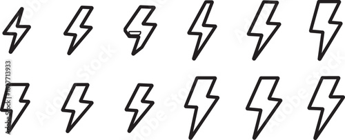 Lightning bolt icon. Flash symbol, thunderbolt, blitz lightnings strike sign.  Collection of lightning bolt icons in various style