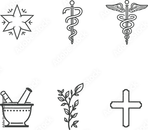 Medical symbol icon set in black line style featuring Rod of Asclepius Caduceus mortar herbal and faith symbols