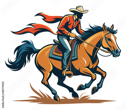 Energetic Western Cowboy on Horseback Riding Fast with Dust and Lasso Ready