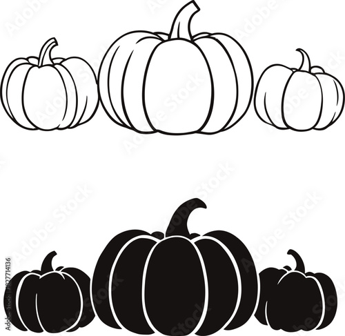 Pumpkin trio illustration in black line and silhouette style featuring symmetrical harvest-themed arrangement