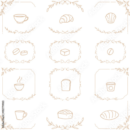 Breakfast and bakery icon set in black line style featuring coffee bread croissant butter and pastries