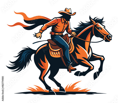 Dynamic Cowboy on Horseback Riding Fast with Lasso in Western Scene