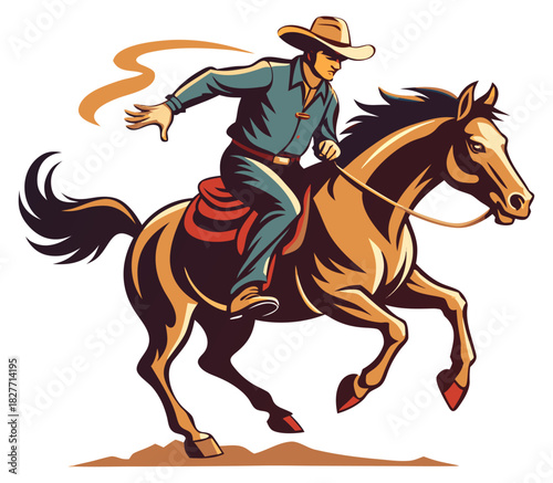 Retro Cowboy Riding Horse with Lasso in Dynamic Western Scene