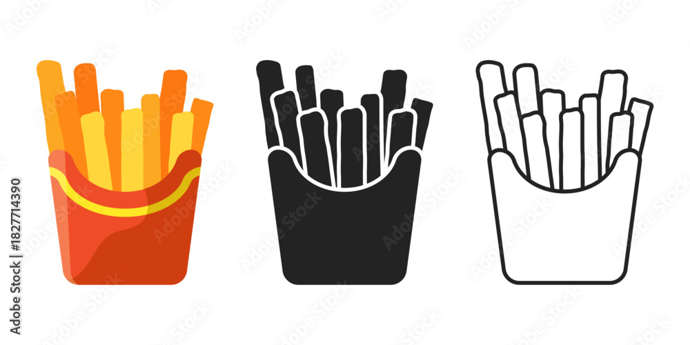 Obraz premium French fries icon set collection in flat style. Fast food snack vector illustration on isolated background. Crispy potato sign business concept.