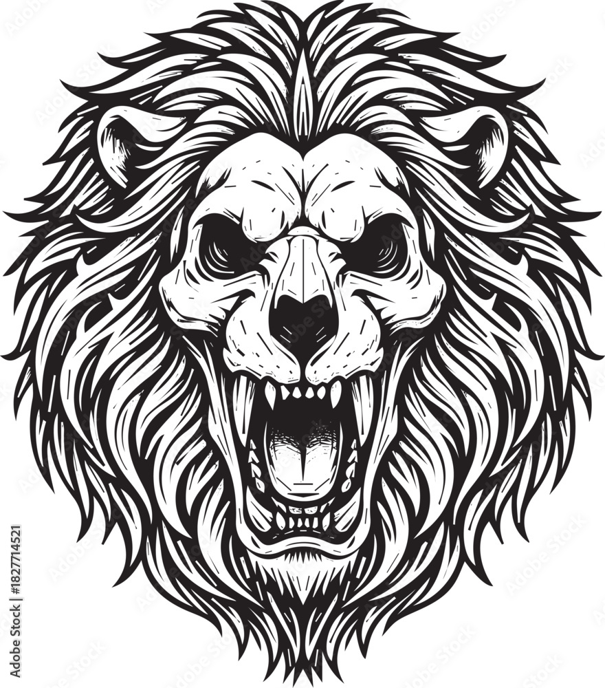 Fototapeta premium Striking Lion Head Illustration with Intricate Mane and Powerful Roar in Black and White Graphic Style