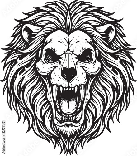 Striking Lion Head Illustration with Intricate Mane and Powerful Roar in Black and White Graphic Style