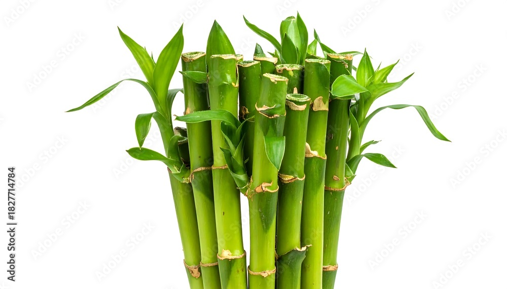 Fototapeta premium Bundle of green bamboo stalks with leaves against a plain white background, creating a serene, natural composition