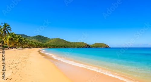 Fototapeta Naklejka Na Ścianę i Meble -  Serene Caribbean beach landscape with calm turquoise sea, lush green hills, and a pristine sandy shore on a sunny vacation day