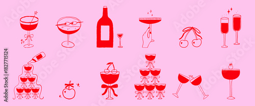 Whimsical Cocktail Glasses and Bottle with Bow Set. Coquette Cocktail Martini, Wine with Ribbon Collection. Doodle Vector Illustration