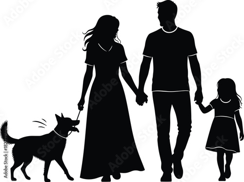 Family silhouette with dog, walking together, holding hands, black vector art, companionship, outdoor bond, love, unity, pet-friendly illustration