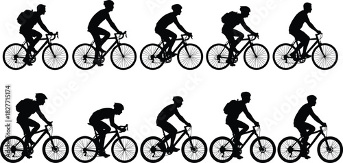 Cyclist silhouette set, riding posture variations, backpack gear, black vector art, transportation, sport, motion, bike types illustration