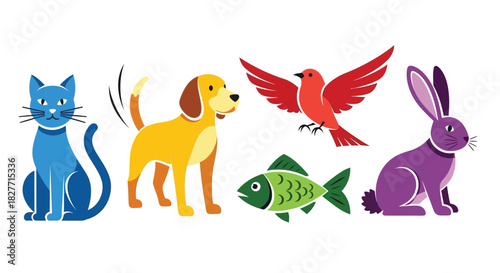 A vibrant collection of diverse cartoon pets, including a cat, dog, fish, bird, and rabbit, presented against a clean white background.