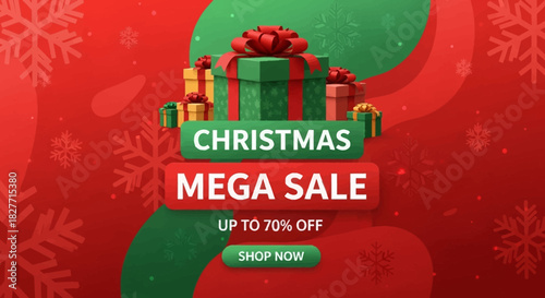 Christmas Mega Sale Promotion: A festive promotional banner announcing a Christmas mega sale, featuring colorful gift boxes with ribbons, snowflakes, and a shop now button.