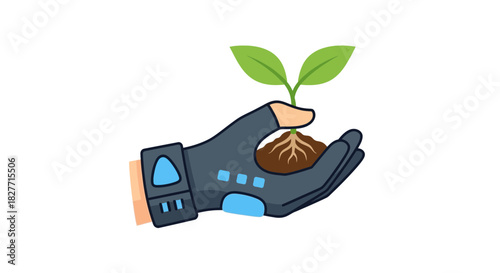 Futuristic hand in glove gently holds a young plant, symbolizing environmental care and new beginnings.