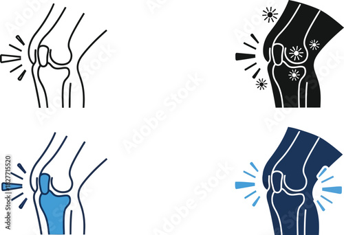 Knee Pain Icon Set, Joint Aches, Silhouette and Line Art, Healthcare, Orthopedic