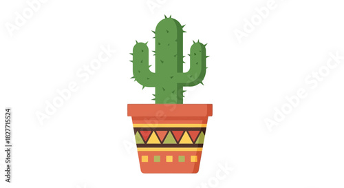Vibrant potted cactus with a decorative, colorful geometric pattern on its planter