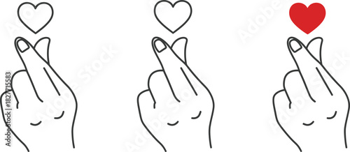 Korean Love Sign Hand Gesture Outline Hearts Red Isolated on White Background