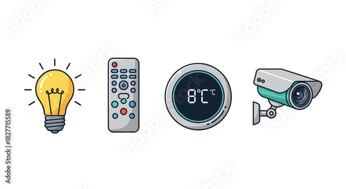 Smart home technology icons including light, remote, thermostat, and security camera