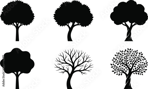 Stylized tree silhouette set, diverse canopy shapes, black vector art, nature concept, organic structure, botanical design illustration
