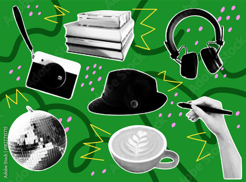 Halftone collage. Retro design leisure or hobby objects with dot effect. Music headphones. Hand writes with stylus. Trendy disco ball. Vintage hat. Read book. Color pattern. Vector garish illustration