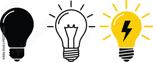 Light Bulbs Stages Icons Idea Concept, Black, Outline, and Yellow Electric