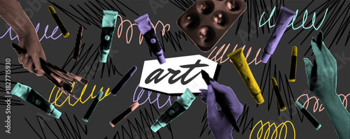 Craft halftone. Painter brushes. Dotted texture of hand. Retro artistic tool. Cutout paintbrush or paint tubes. Poster pop art. Vintage paper objects. Modern collage artwork. Vector art garish concept