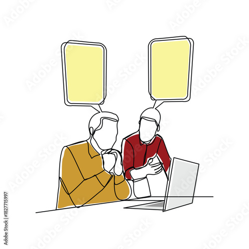 continuous line sketch drawing of two man coworker talking something on laptop, bubble chat talk. Single line art of office worker employee editable vector illustration