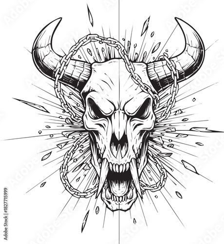 Stylized Animal Skull with Horns and Chain Vector Illustration for Dark Theme Designs