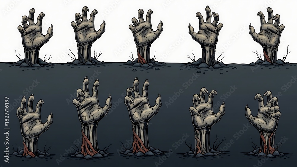 Naklejka premium Zombie Hands Rising from the Ground - A Spooky Illustration.