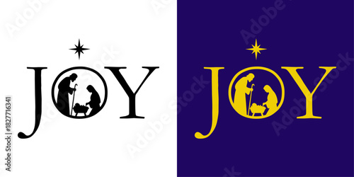 Logo con palabra JOY con silueta de escena de la natividad con San José, la Virgen María y el niño Jesús en el Portal de Belén con una estrella en letra O