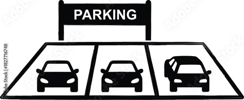 Parking Sign Sketch with Cars Icon on White Background Brush Style