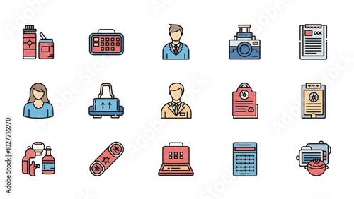 A miscellaneous set of 15 colorful, outlined flat icons representing various industries and daily life objects. The collection includes symbols for beverages (soda/energy drinks), electronics .