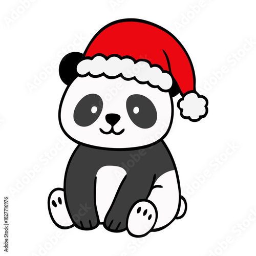 Dibujo sencillo con líneas de osito panda simpático con sombrero de Santa Claus para tarjetas y felicitaciones de Navidad