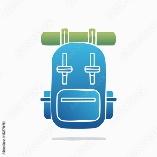 Blue Backpack with Sleeping Bag on Top.