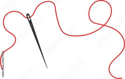 Needle with thread doodle simple icon, line embroidery decoration. Curvy thread sewing, tailor tool silhouette