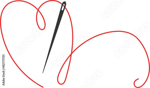 Needle with thread doodle simple icon, line embroidery decoration. Curvy thread sewing, tailor tool silhouette