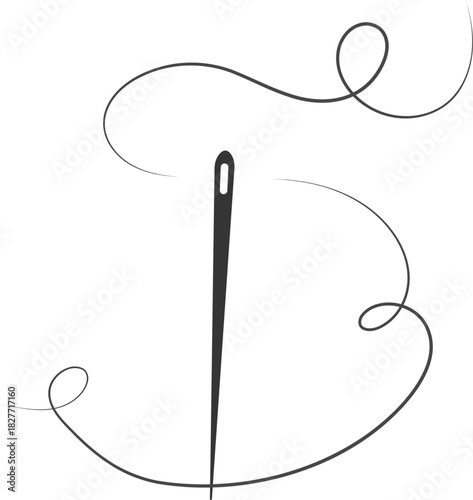 Needle with thread doodle simple icon, line embroidery decoration. Curvy thread sewing, tailor tool silhouette