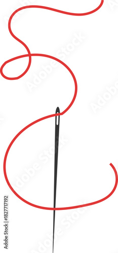 Needle with thread doodle simple icon, line embroidery decoration. Curvy thread sewing, tailor tool silhouette