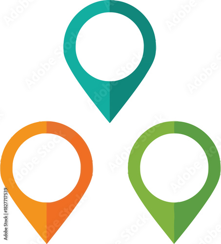 Set of Map Pins Teal Orange Green isolated on White Background Simple Design