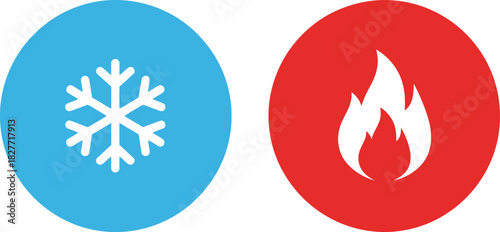 Snowflake and Fire Flame in Circle Flat Design on White Background