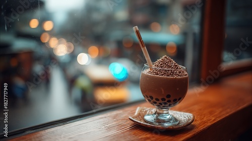 Fototapeta Naklejka Na Ścianę i Meble -  Chocolate beverage topped with small spheres rests on a wooden windowsill overlooking a busy, blurred city street.