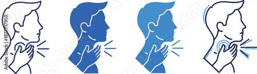 Sore Throat Pain Icons, Throat Irritation, Swallowing Difficulty, Blue