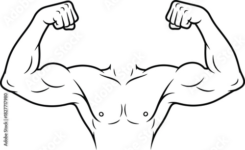 Strong Muscular Bodybuilder with Biceps Flexing, Line Art on Transparent