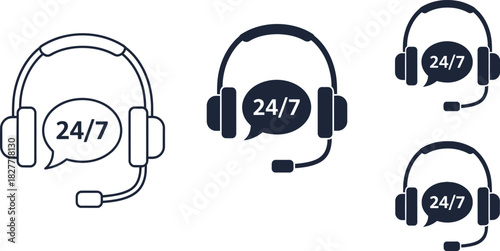 Support Headset Icons with 24/7 Symbol in Speech Bubble on Transparent Background